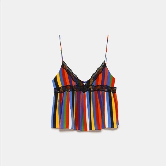 Zara Multicolor Rainbow Stripe Lace V-neck Spaghetti Strap Crop Cami Tank Top S - Picture 4 of 5
